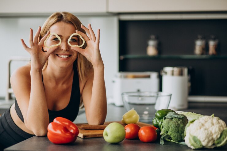 Ilustración natural del proceso de nutrición ocular con alimentos frescos y coloridos
